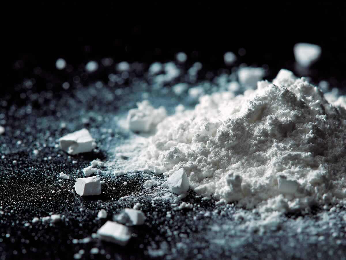 close up photo of a white powder with small chunks on a black desk, medical stock photo style --ar 4:3 --v 7 Job ID: d33b6f93-6580-473d-9366-09b4cff77b9e